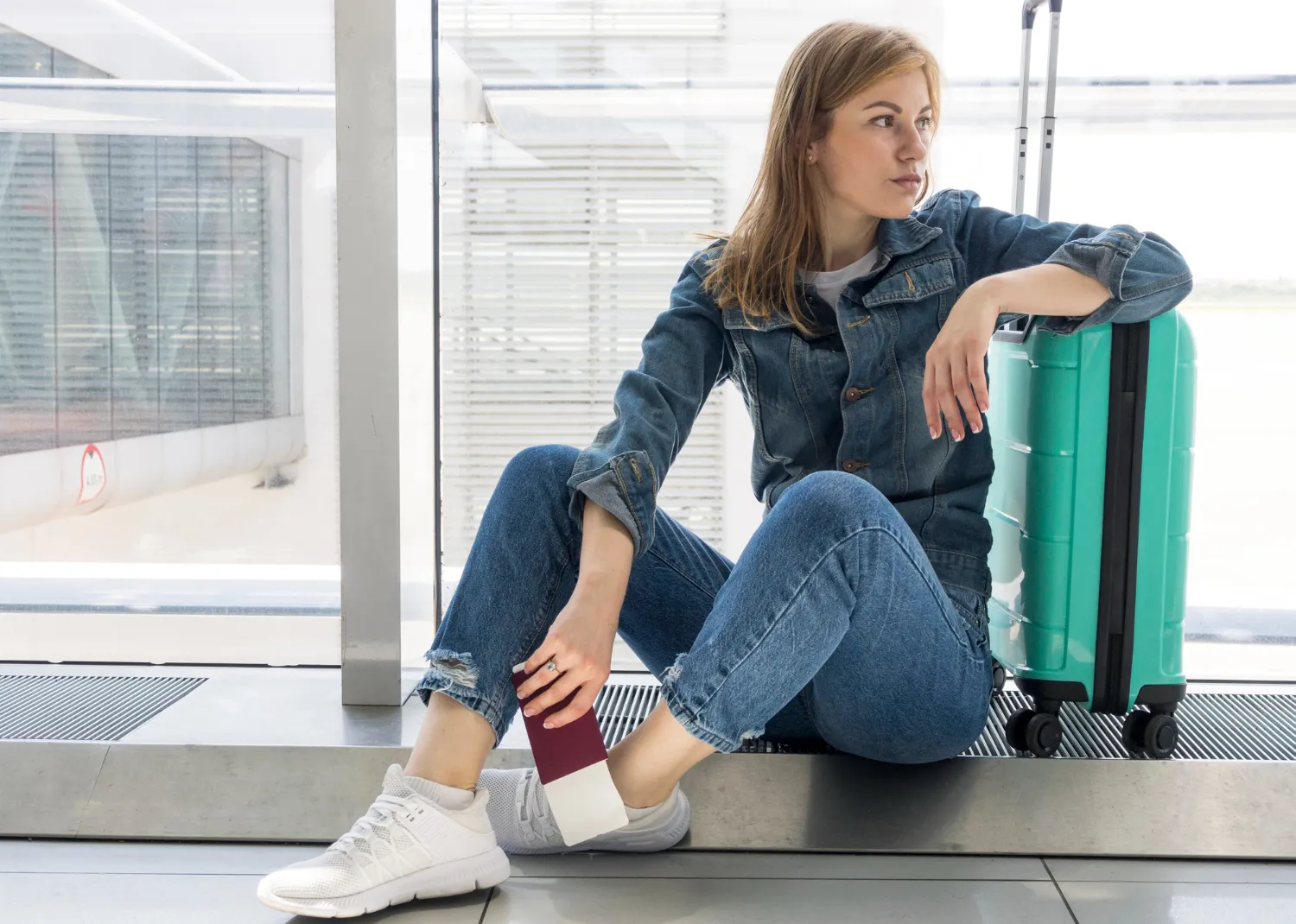 Mulher sentada no aeroporto com mala e passaporte, aguardando o voo
