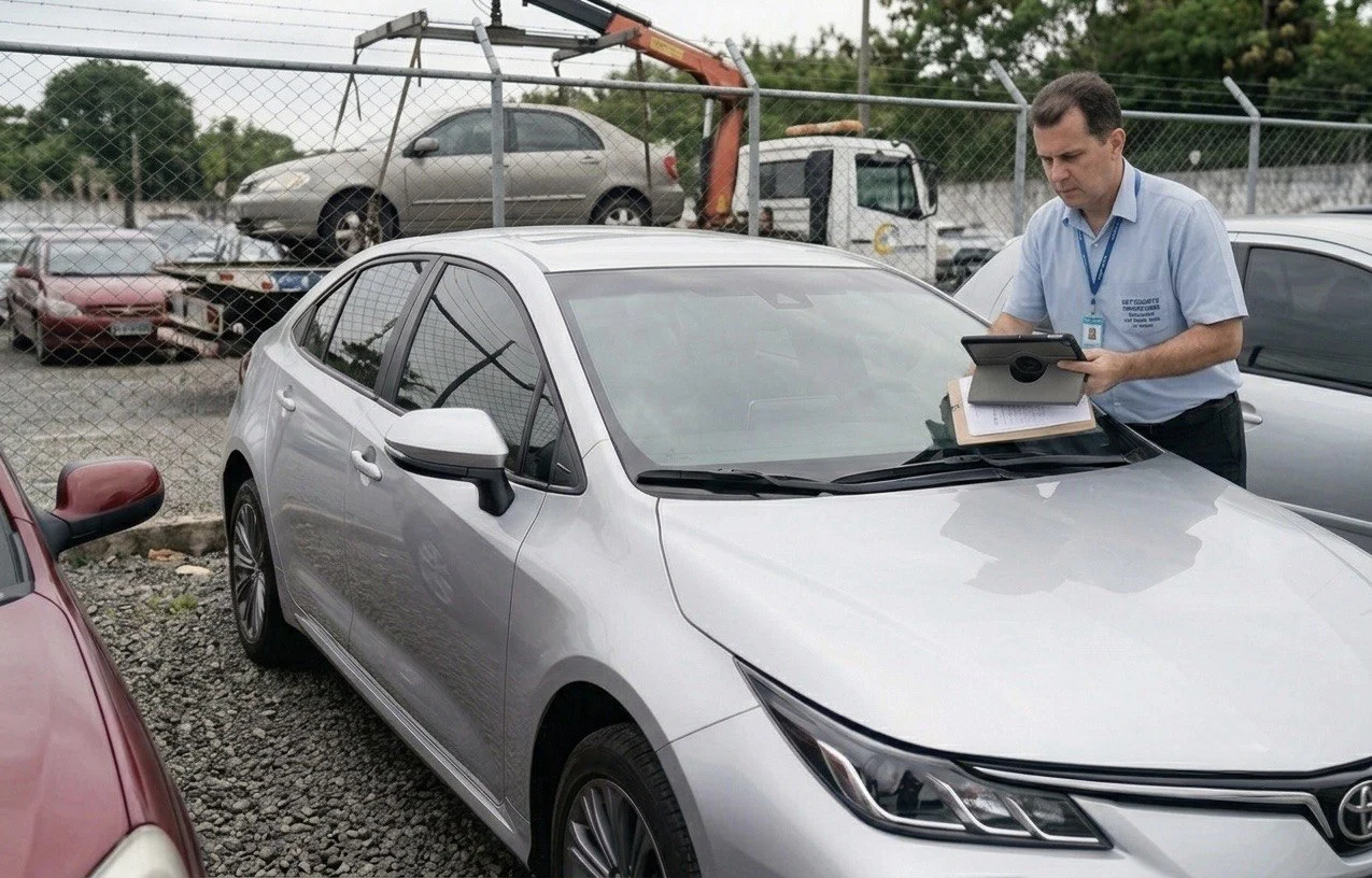 Oficial de cartório extrajudicial inspecionando um carro prata em um pátio de veículos, segurando documentos.
