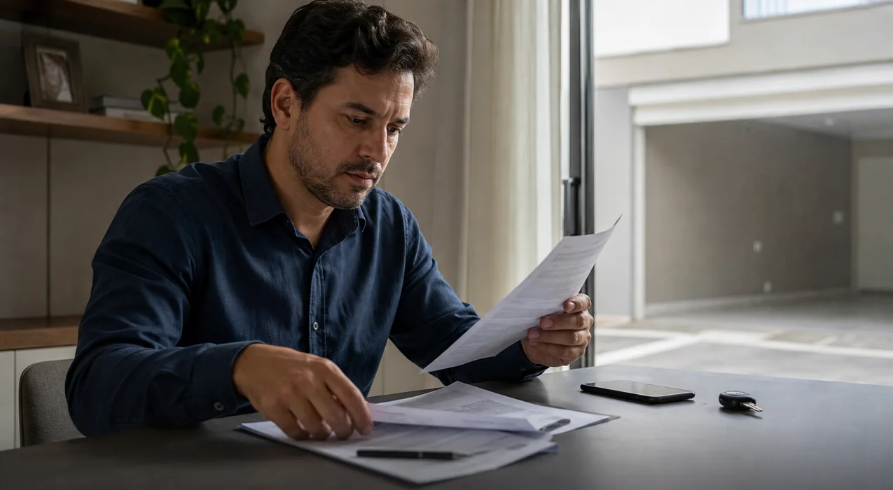 Pessoa organiza documentos após ter o veículo apreendido pelo banco