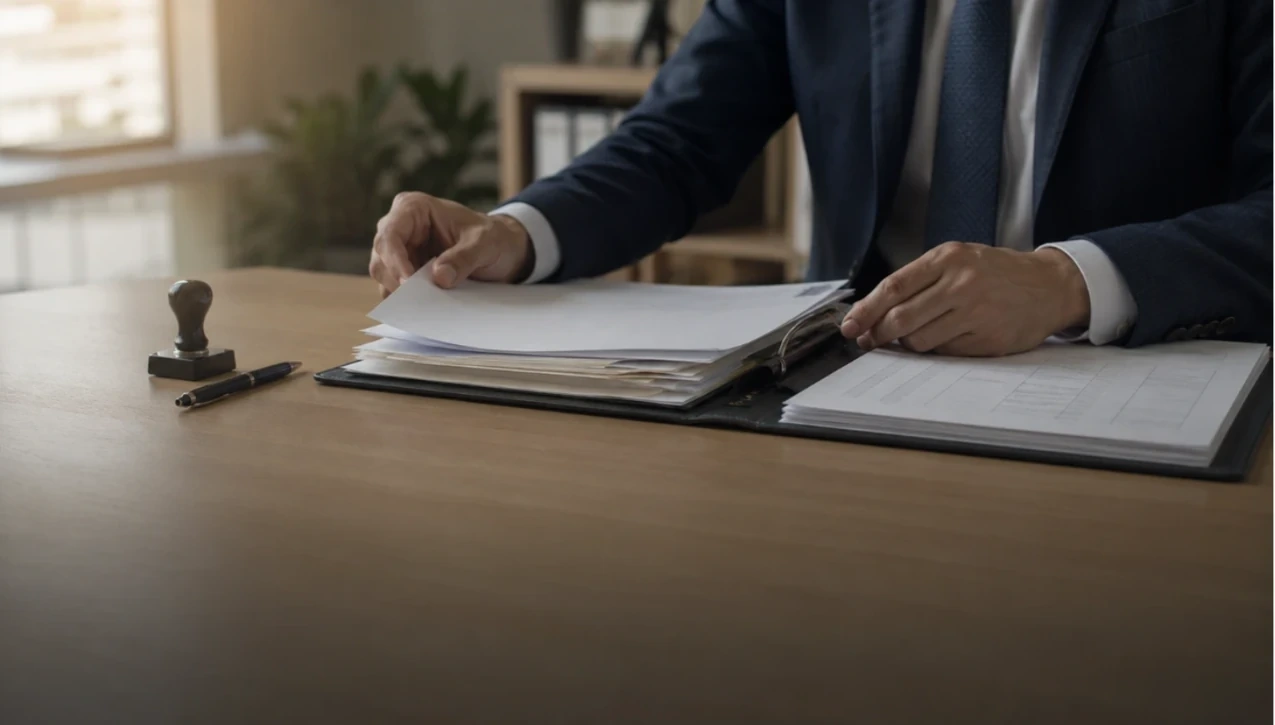 Profissional de recursos humanos organiza documentos e registros de pessoal sobre a mesa antes de aplicar uma demissão por justa causa