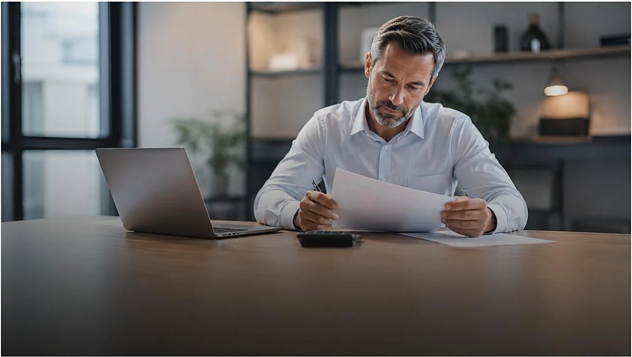Empresário analisando contratos bancários e documentos de dívida sobre a mesa do escritório