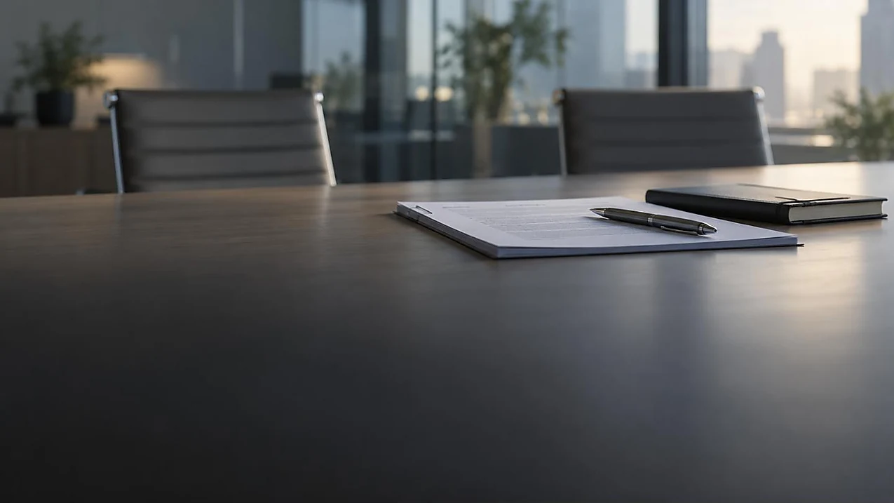 Contrato de prestação de serviços impresso, com caneta e caderno, sobre mesa de reunião de escritório corporativo ao fim da tarde