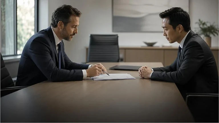 Dois empresários em traje social sentados frente a frente em mesa de reunião, analisando um contrato, com uma cadeira de escritório vazia ao fundo