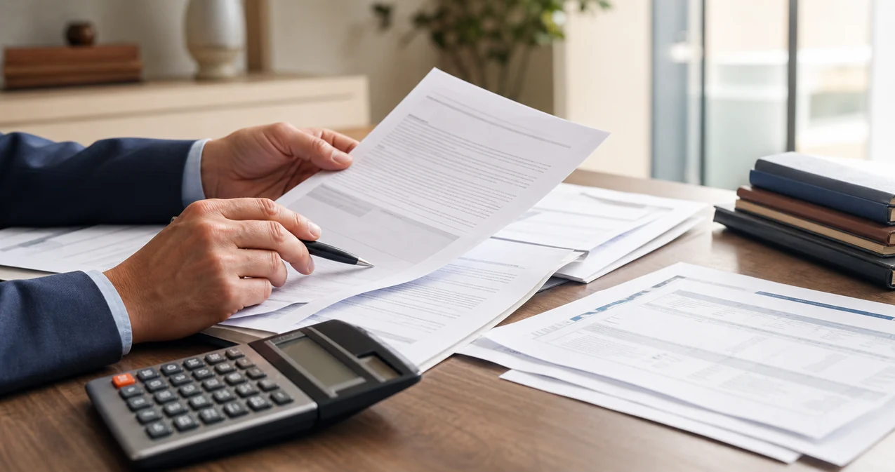 Pessoa de terno analisa contrato bancário com calculadora sobre a mesa