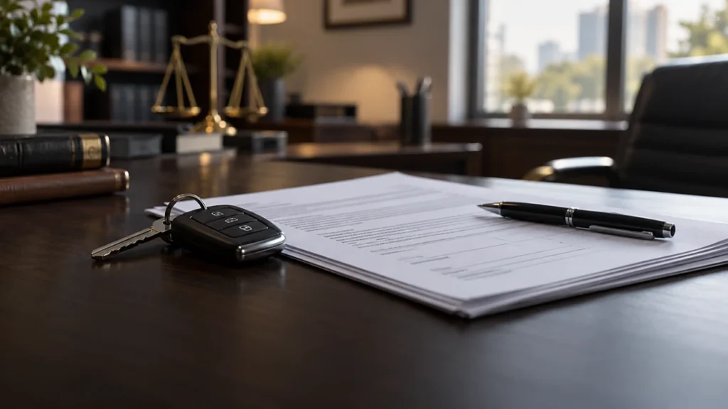 Chave de carro e contrato de financiamento de veículo sobre a mesa de um escritório de advocacia