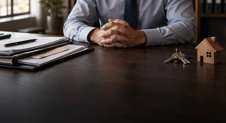 Empresário à mesa com documentos da empresa de um lado e as chaves e uma miniatura de casa do outro, ilustrando a dívida da empresa e o patrimônio pessoal do sócio