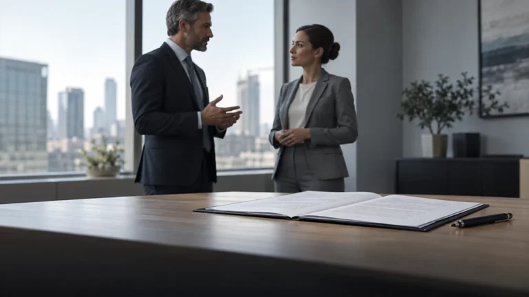 Advogado e cliente em pé em um escritório, conversando diante de um contrato impresso aberto sobre a mesa